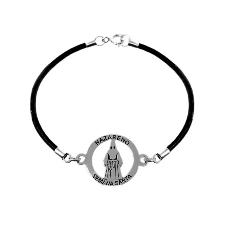 Nazareno pulsera plata Ley 925m Semana Santa 18 cm. cuero aro 20 mm.