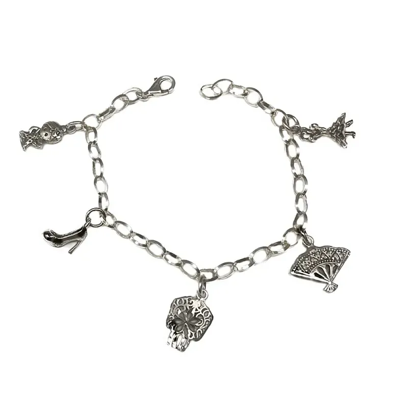 Pulsera Plata Ley 925m Charm motivos flamenca cadena rolo 19 cm. aban