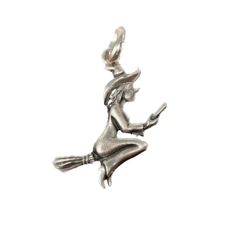 Bruja Colgante Plata Ley 925m en escoba 29 mm. sombrero detalles