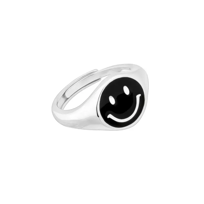 Anillo Plata Ley 925m ajustable cara Smile centro esmaltado negro