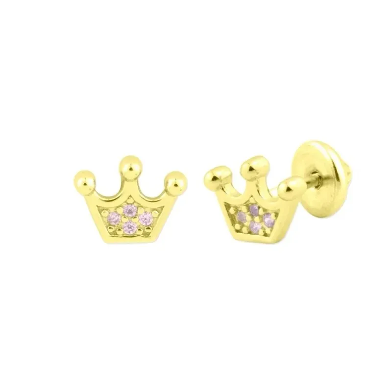 Pendientes Plata Ley 925m chapados oro niña mini corona 7 mm. circoni