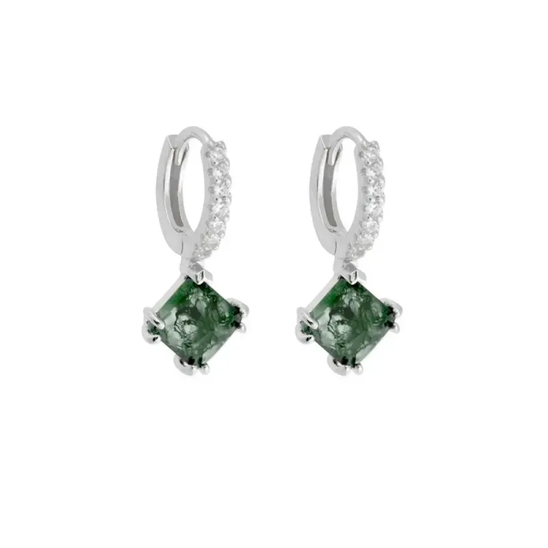 Pendientes Aros Plata Ley 925m circonitas piedra verde colgante 6 mm.