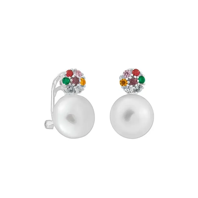 Pendientes Plata Ley 925m mujer 17 mm. circonitas colores perla botón