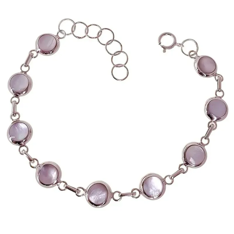 Pulsera Plata Ley 925m mujer 16 cm. formas ovaladas nácar 8 mm.