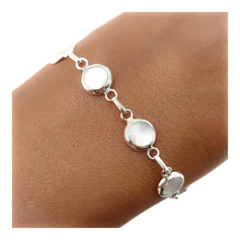 Pulsera Plata Ley 925m mujer 16 cm. formas ovaladas nácar 8 mm.