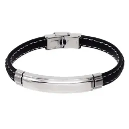 Pulsera Acero Inoxidable 316L hombre 21 cm. cuero negro 8 mm. detalle