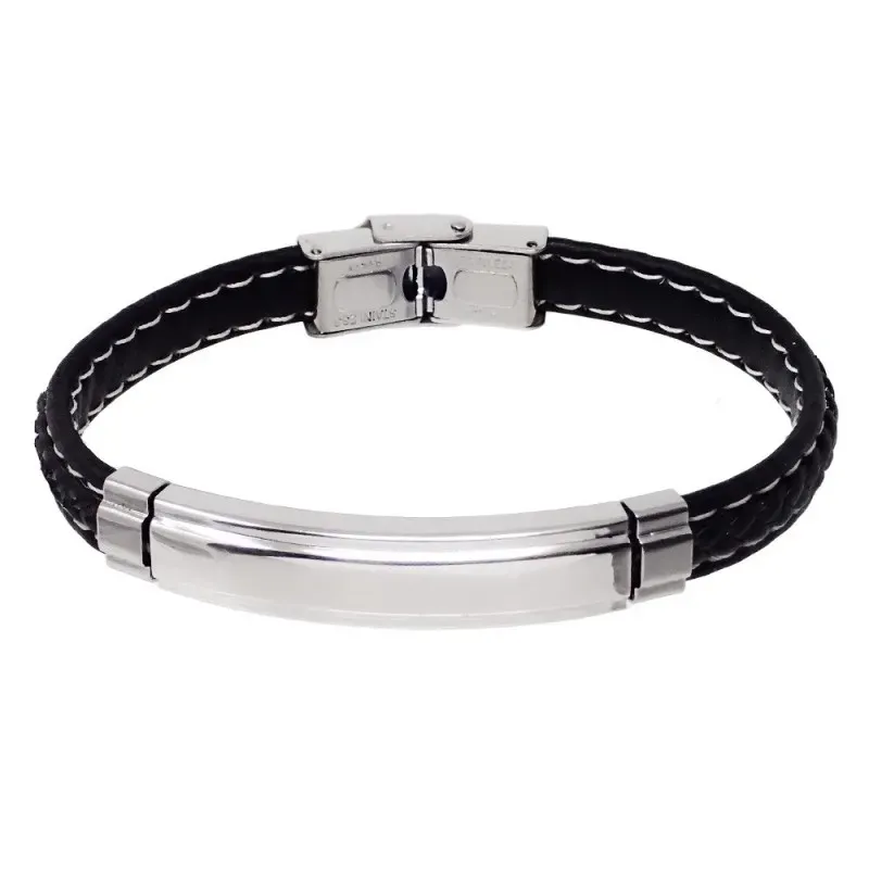 Pulsera Acero Inoxidable 316L hombre 21 cm. cuero negro 8 mm. detalle