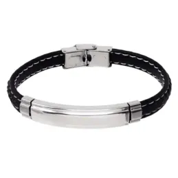 Pulsera Acero Inoxidable 316L hombre 21 cm. cuero negro 8 mm. detalle