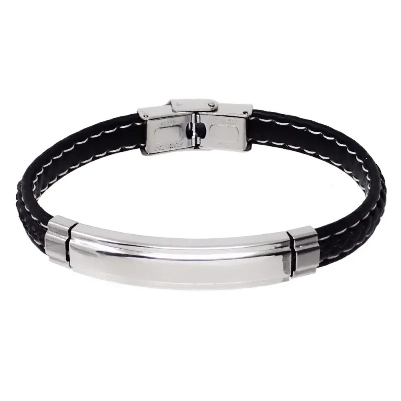 Pulsera Acero Inoxidable 316L hombre 21 cm. cuero negro 8 mm. detalle