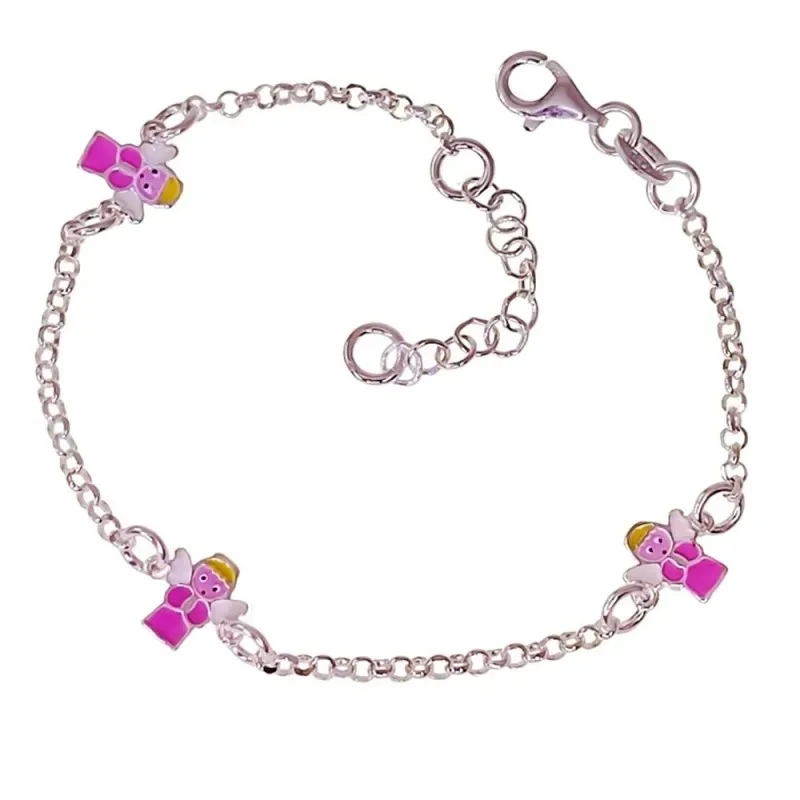 Pulsera Plata Ley 925m niña 16 cm. cadena rolo 2 mm. ángeles esmaltad