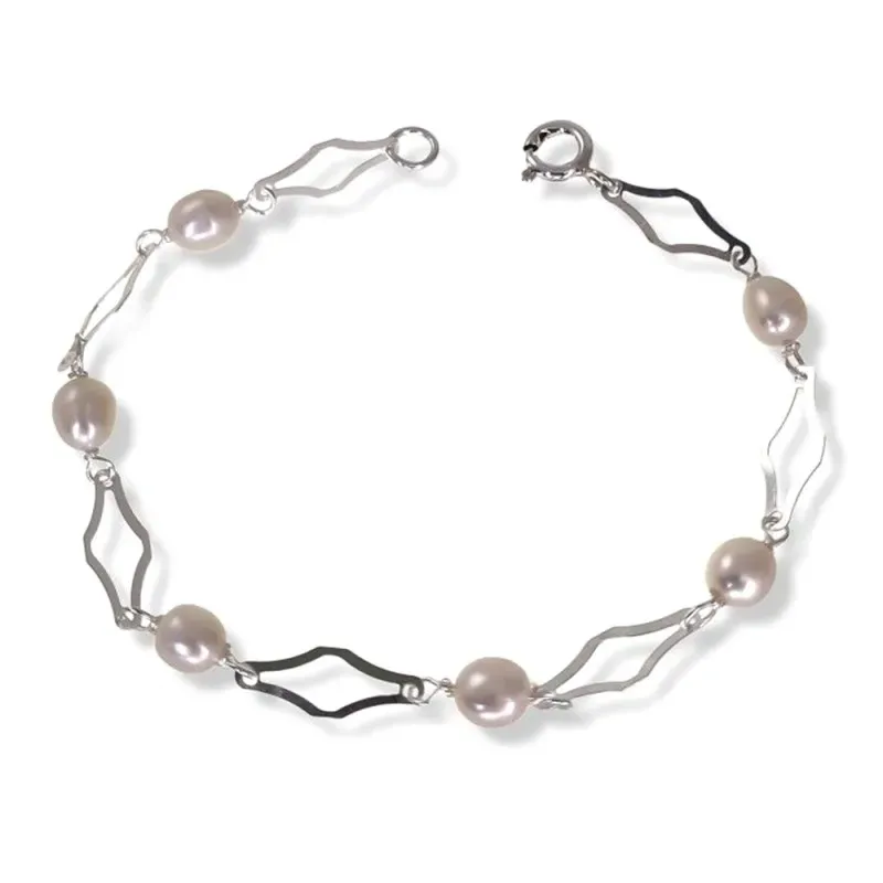 Pulsera Plata Ley 925m Primera Comunión 16 cm. perlas combinadas form