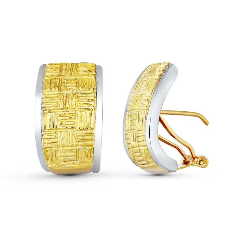 Pendientes Oro Bicolor 18k mujer 20 mm. rectangulares detalle líneas