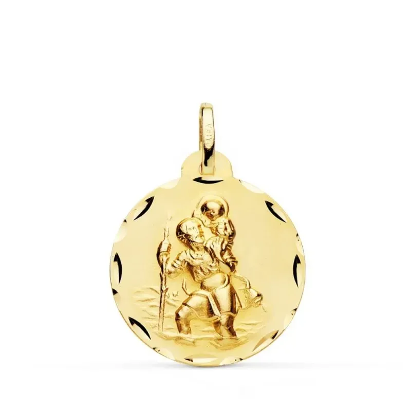 San Cristóbal Medalla Oro 18k unisex 22 mm. tallada borde. Grabación