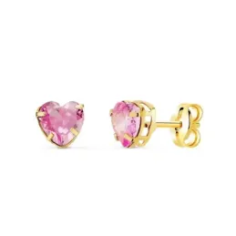 Pendientes Oro 18k mujer 5 mm. piedra color rosa forma corazón