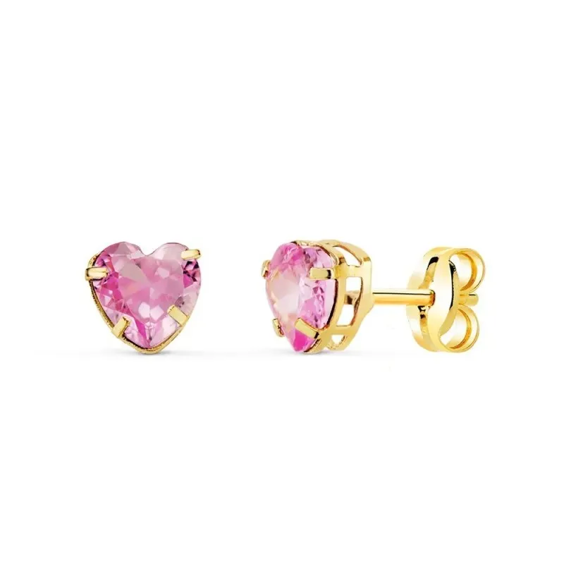 Pendientes Oro 18k mujer 5 mm. piedra color rosa forma corazón
