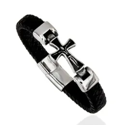 Pulsera Acero Inoxidable 316L hombre 22 cm. Cruz Cristo 37 mm. cuero