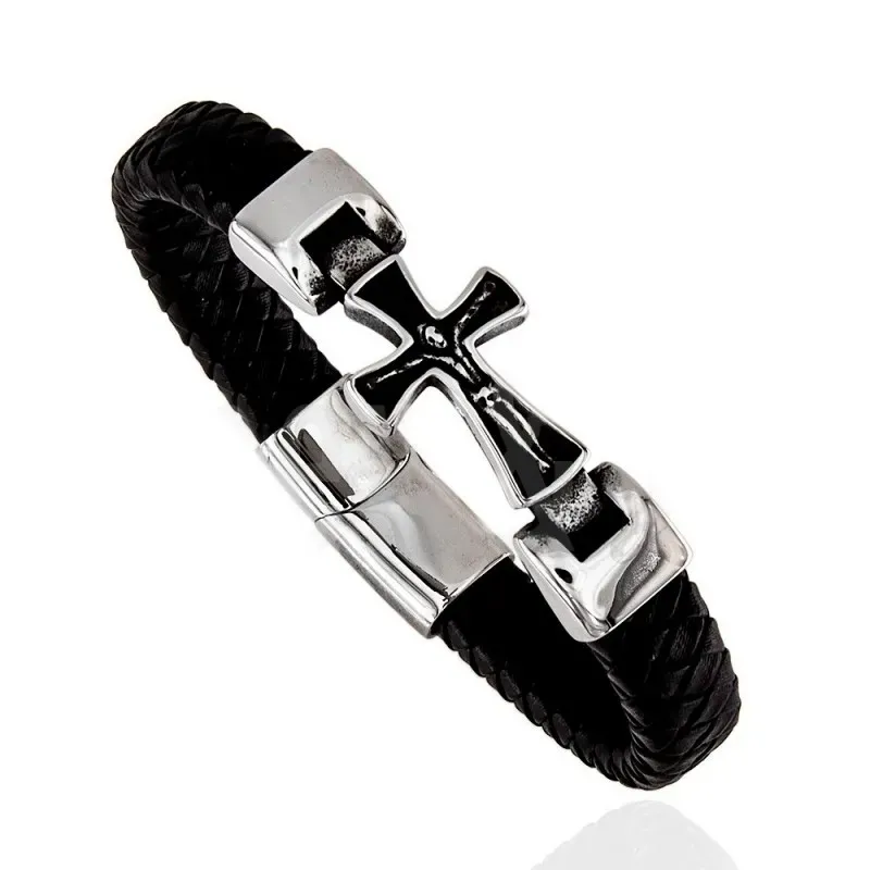 Pulsera Acero Inoxidable 316L hombre 22 cm. Cruz Cristo 37 mm. cuero