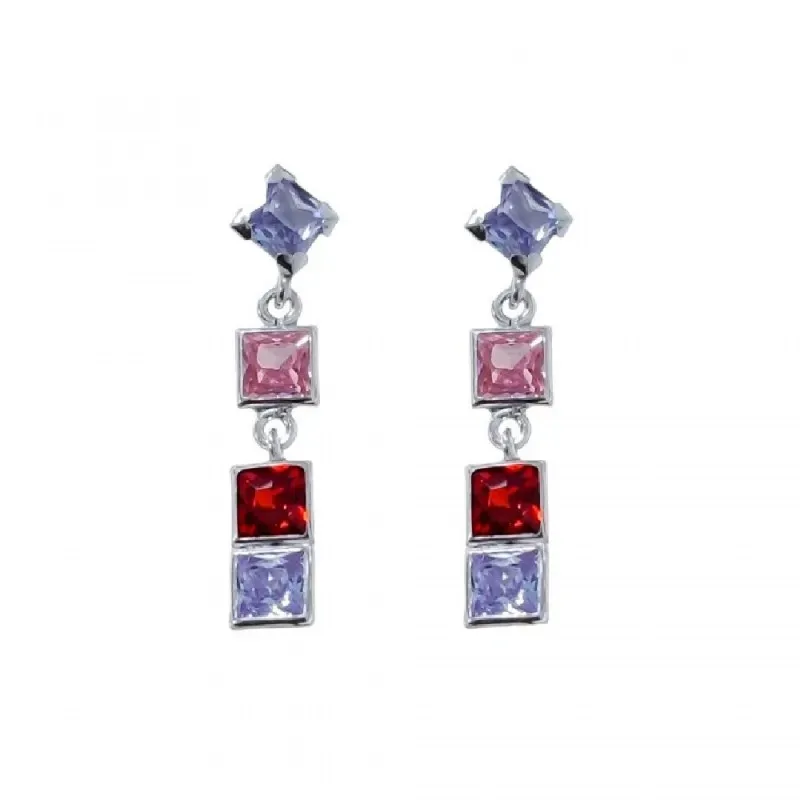 Pendientes largos plata Ley 925m mujer 2.5 cm. circonitas cuadradas c