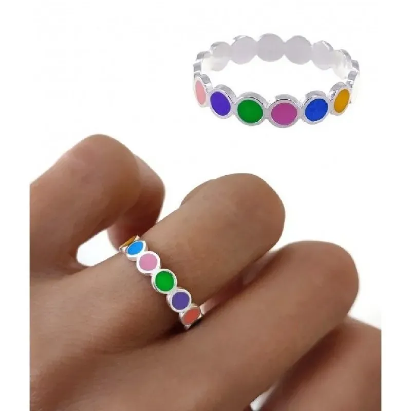 Sortija plata Ley 925m mujer círculos esmaltados colores combinados