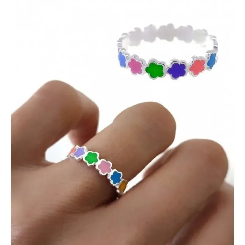Sortija plata Ley 925m mujer flores esmaltados colores combinados