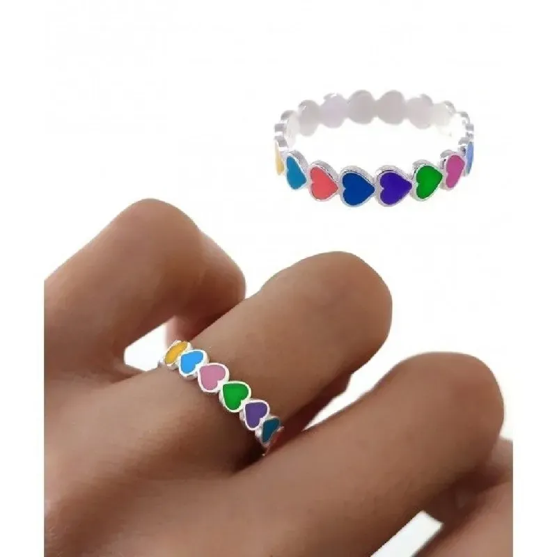 Sortija plata Ley 925m mujer corazones esmaltados colores combinados