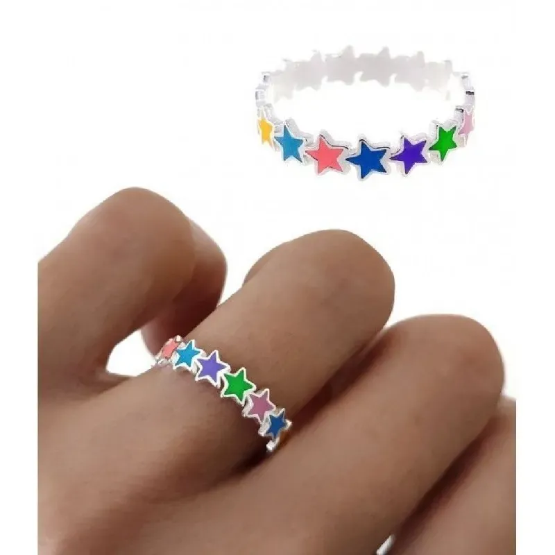 Sortija plata Ley 925m mujer estrellas esmaltadas colores combinados