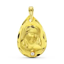 Virgen Niña medalla oro 18k colgante Primera Comunión 22 mm. circonit
