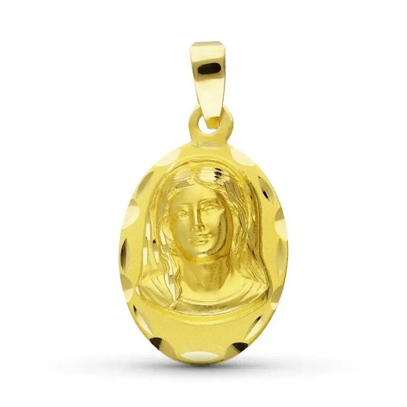 Virgen Niña medalla oro 18k Primera Comunión 23 mm. ovalada relieve d