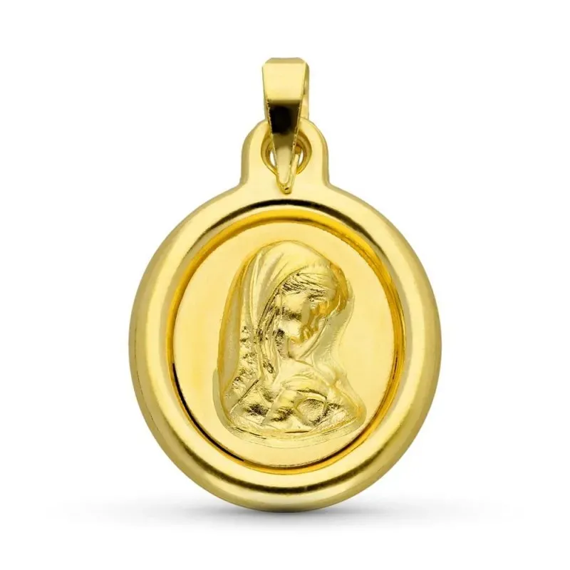 Virgen Niña medalla oro 18k Primera Comunión 22 mm. bisel relieve