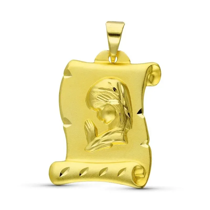 Virgen Niña pergamino oro amarillo 18k Primera Comunión 28 mm. detall