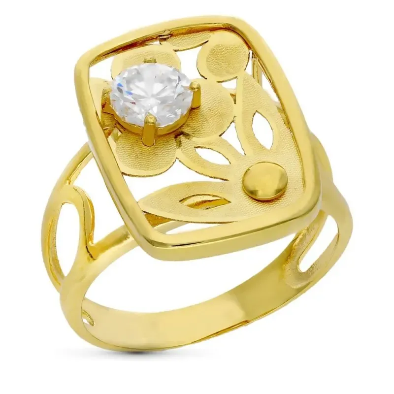 Sortija oro 18k mujer cabeza rectangular circonita combinada flores c