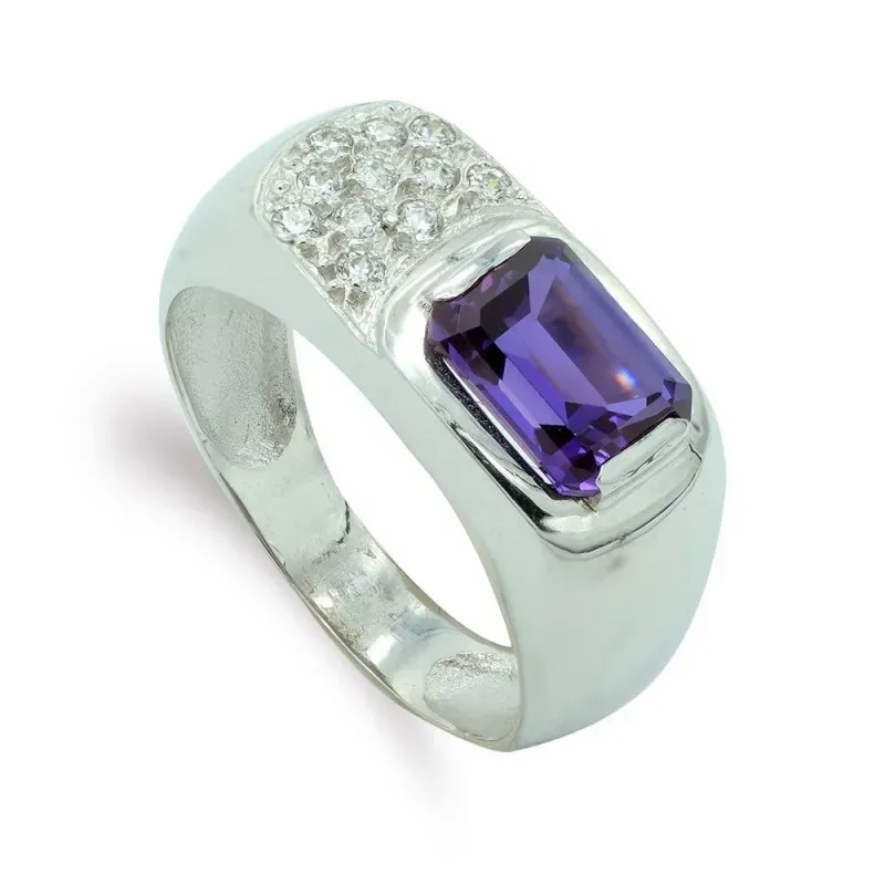 Sortija oro blanco 18k mujer piedra amatista 8 mm. combinada circonit