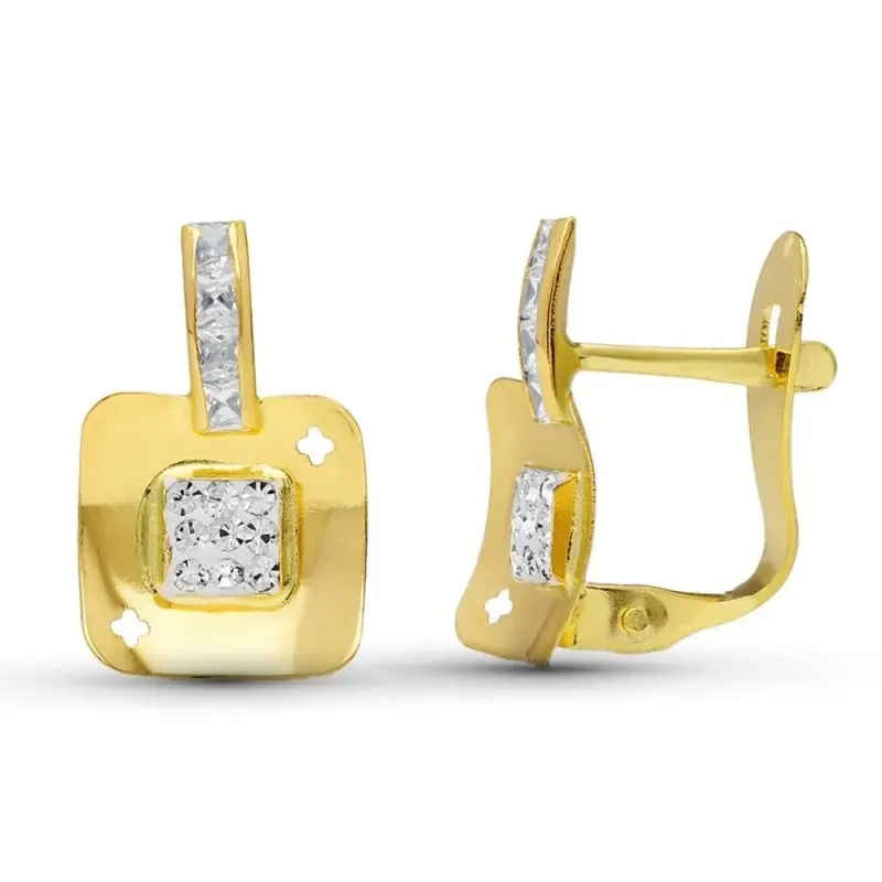Pendientes oro bicolor 18k niña Primera Comunión 12 mm. cuadrados cir