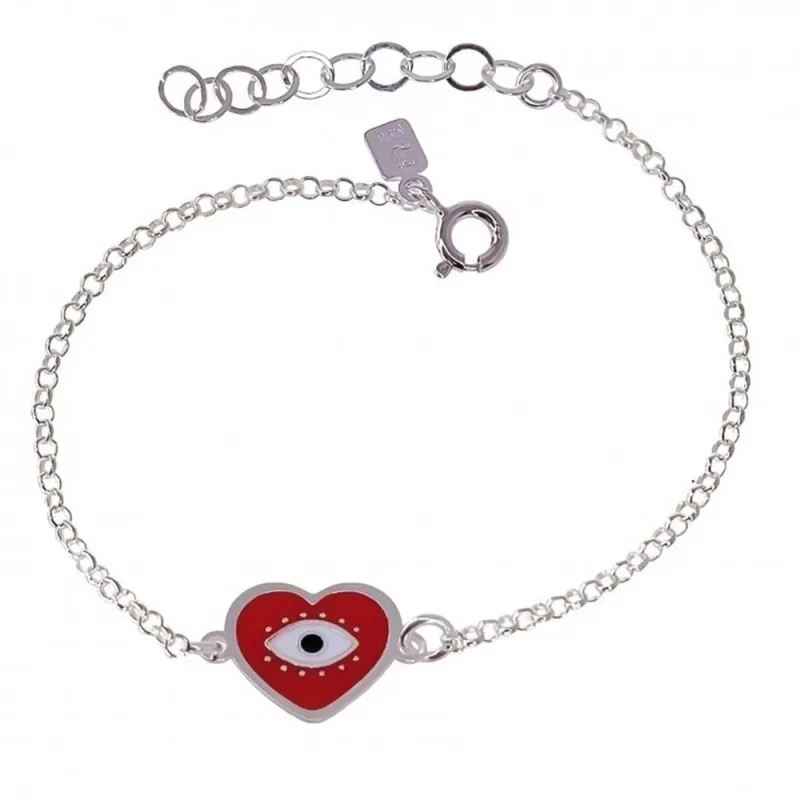 Corazón Ojo Turco Pulsera Plata Ley 925m cadena rolo 16 cm. esmalte r