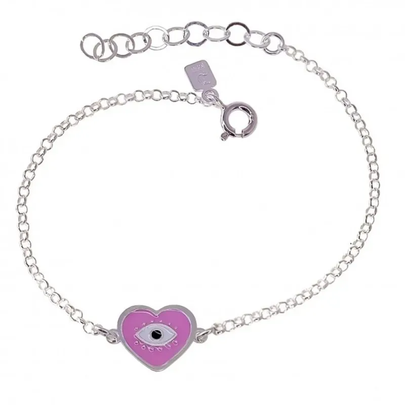 Corazón Ojo Turco Pulsera Plata Ley 925m cadena rolo 16 cm. esmalte r