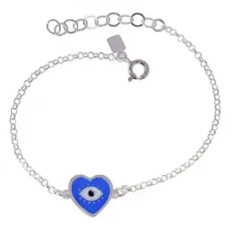 Corazón Ojo Turco Pulsera Plata Ley 925m cadena rolo 16 cm. esmalte r