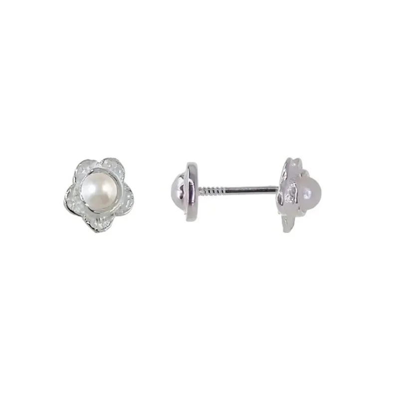 Pendientes Plata Ley 925m niña flor 6 mm. perla