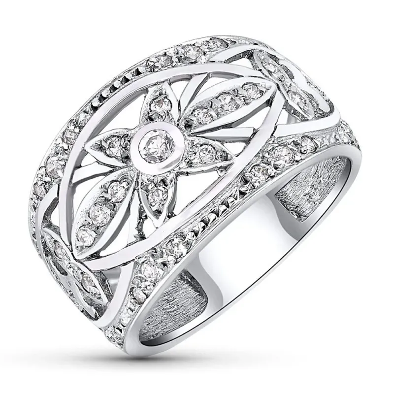 Sortija Oro Blanco 18k mujer centro cabeza flor ovalada calada circon