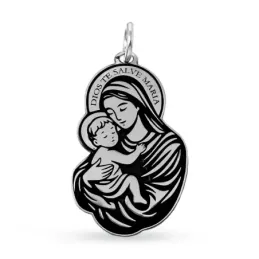 Virgen María con Niño Colgante en Plata de Ley 925m macizo de 28 mm.