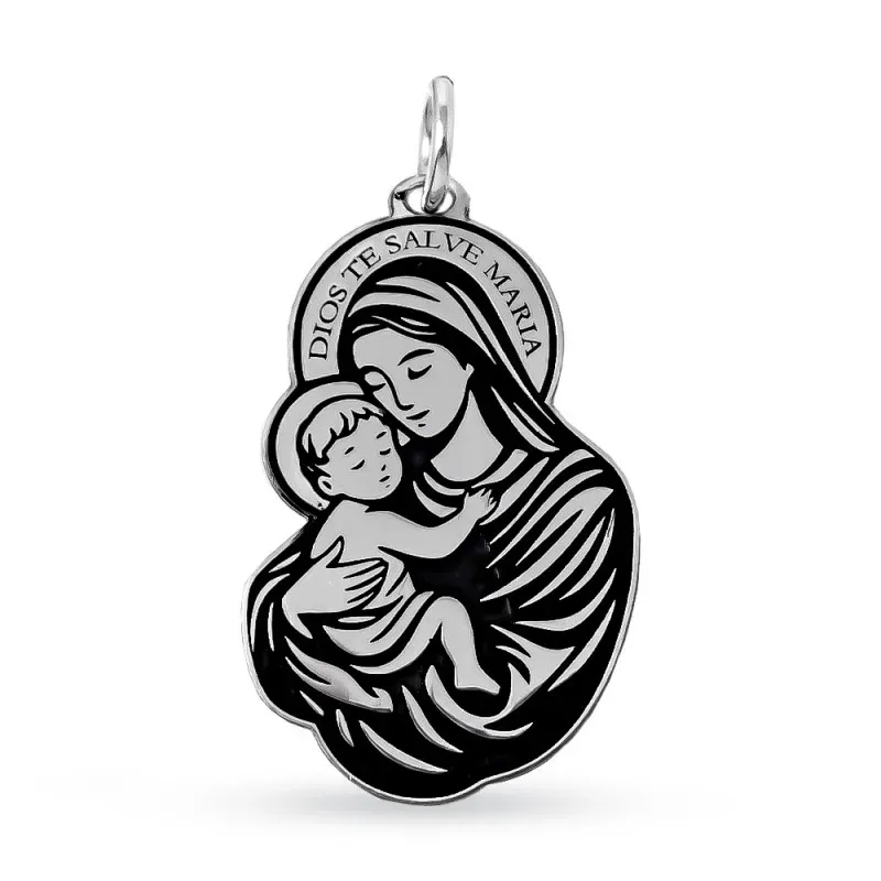 Virgen María con Niño Colgante en Plata de Ley 925m macizo de 28 mm.