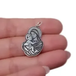 Virgen María con Niño Colgante en Plata de Ley 925m macizo de 28 mm.