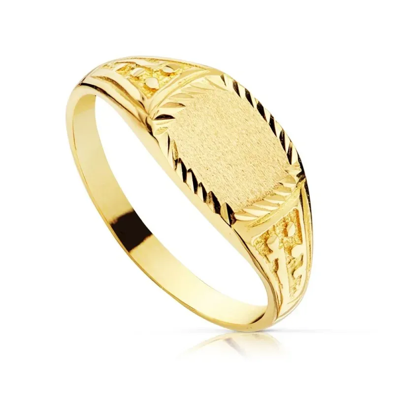 Sello oro 18k cadete hueco pulido centro oval rectangular 8mm. detalles tallados lateral