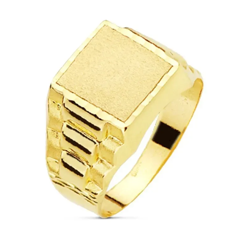 Sello oro 18k infantil hueco cabeza cuadrada lateral detalles tallados