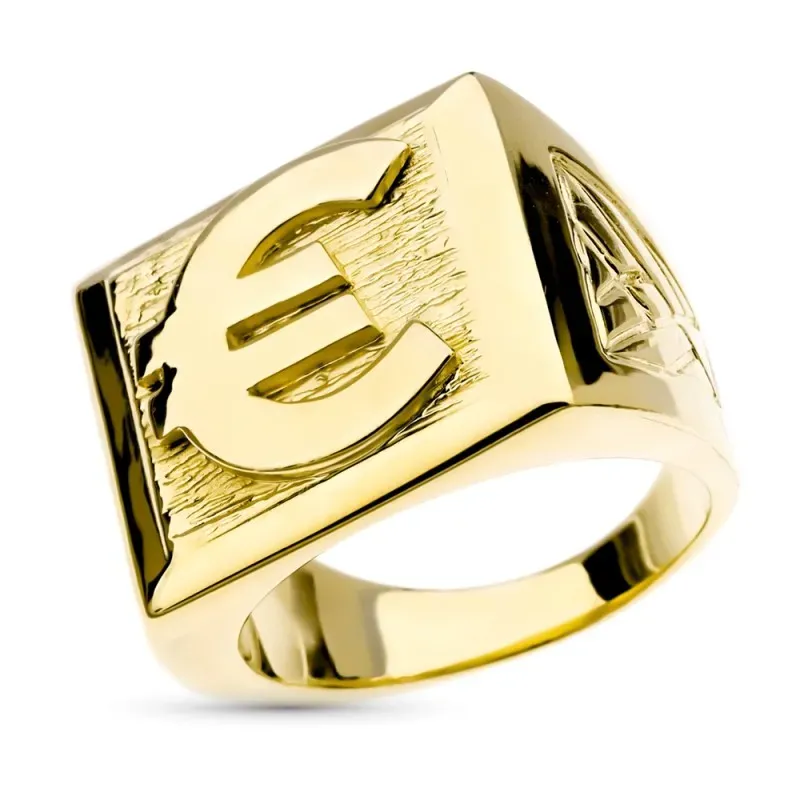 Sello oro 18k hombre detalles laterales símbolo euro centro