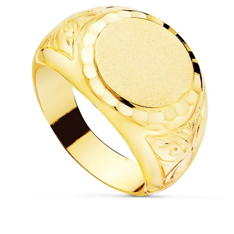 Sello oro 18k hombre cabeza redonda detalles tallados laterales borde