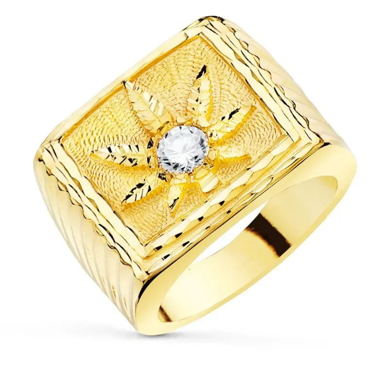 Sello oro 18k hombre detalle hoja marihuana centro circonita tallada