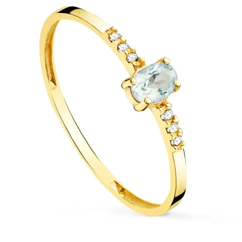 Sortija oro 18k mujer diamantes 0.03ct. combinados aguamarina centro