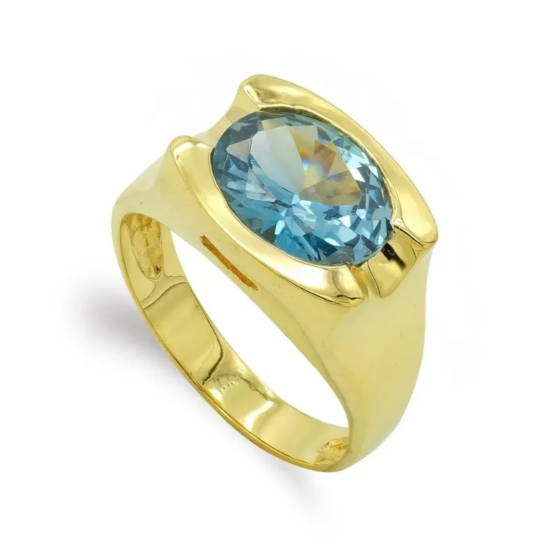 Sortija oro 18k mujer piedra color azul ovalada centro cabeza