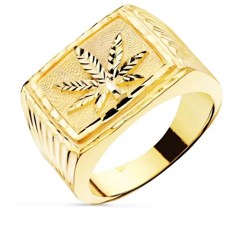 Sello oro 18k hombre hoja marihuana centro tallada gallones