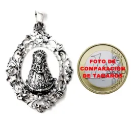 Medalla colgante plata Ley 925m maciza 40mm. Virgen del Rocío cerco calado detalles trasera lisa